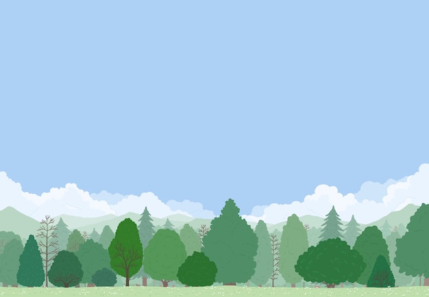 un dessin d'arbres et un ciel bleu avec quelques nuages