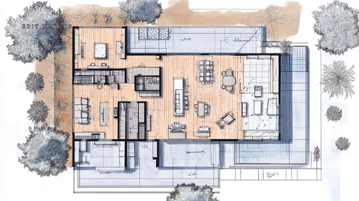 PSD dessin architectural d'un plan d'étage d'une maison moderne avec des espaces extérieurs