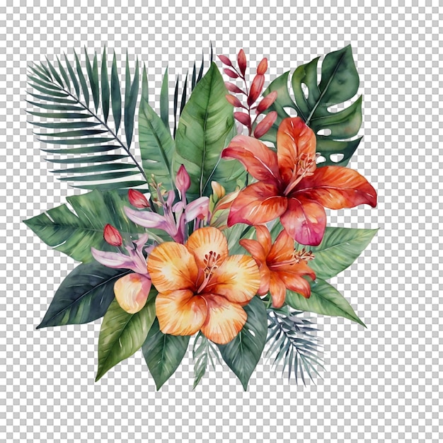un dessin d'un arrangement de fleurs avec des feuilles et des fleurs tropicales