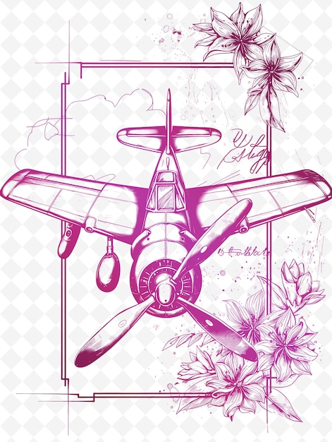 PSD un dessin d'un avion avec une image de fleurs et un avion avec les mots voler sur le fond