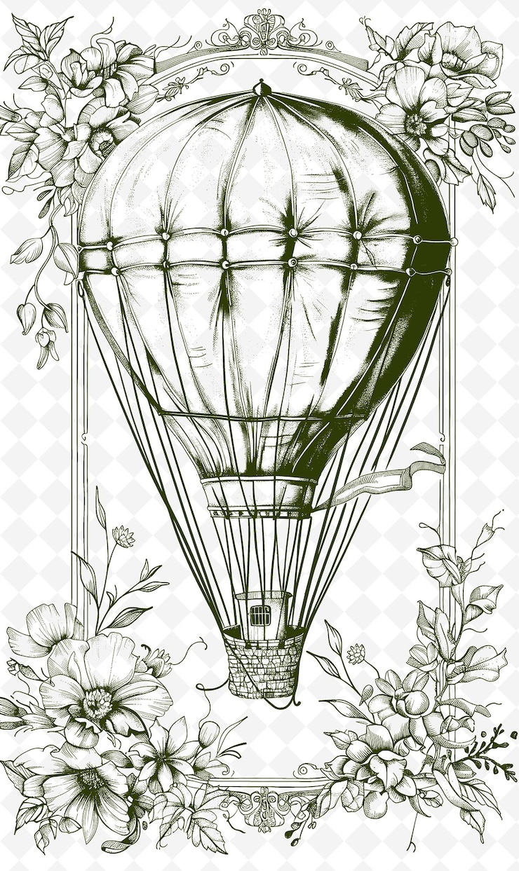 PSD un dessin d'un ballon à air chaud avec des fleurs et les mots air chaud dessus