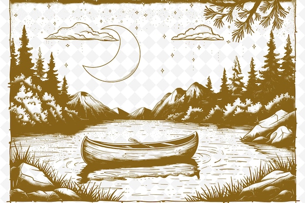 PSD un dessin d'un bateau et d'un canoë dans un lac avec une lune et des arbres en arrière-plan