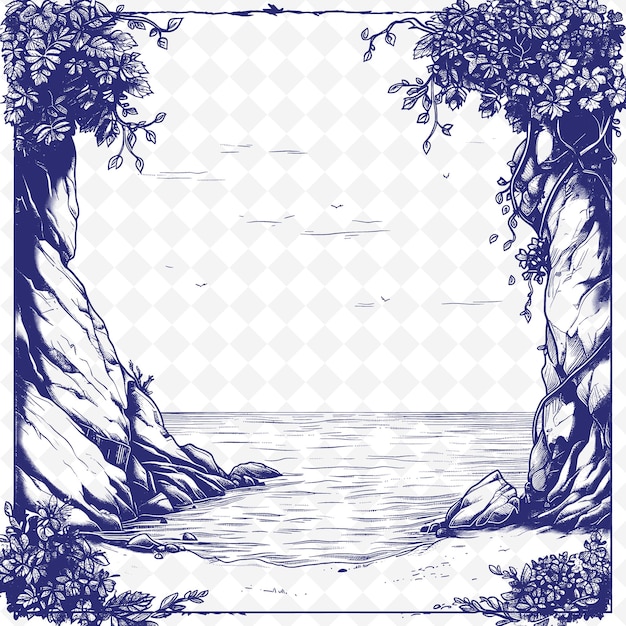 PSD un dessin bleu et blanc d'un lac avec un arbre et les mots 