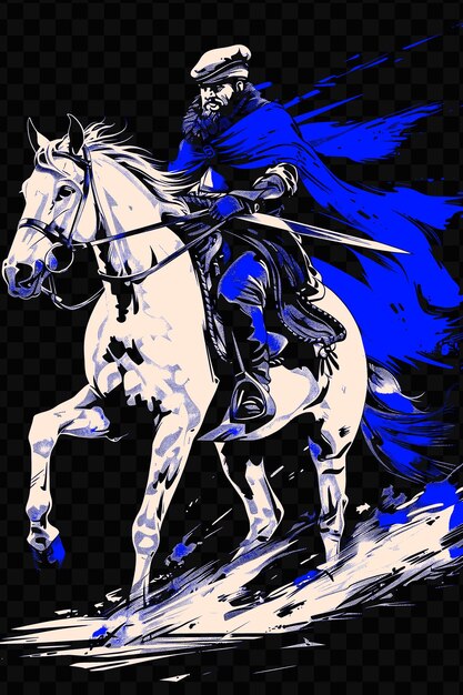 PSD un dessin bleu et noir d'un chevalier sur un cheval blanc