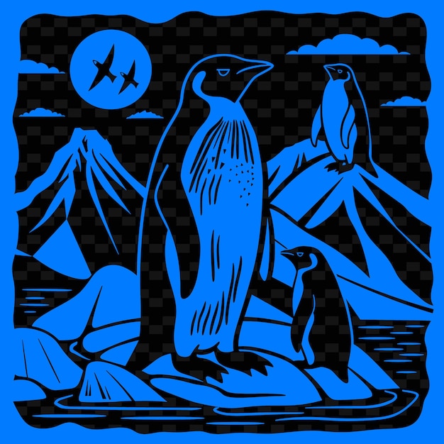 PSD un dessin bleu et noir d'un oiseau et d'une montagne