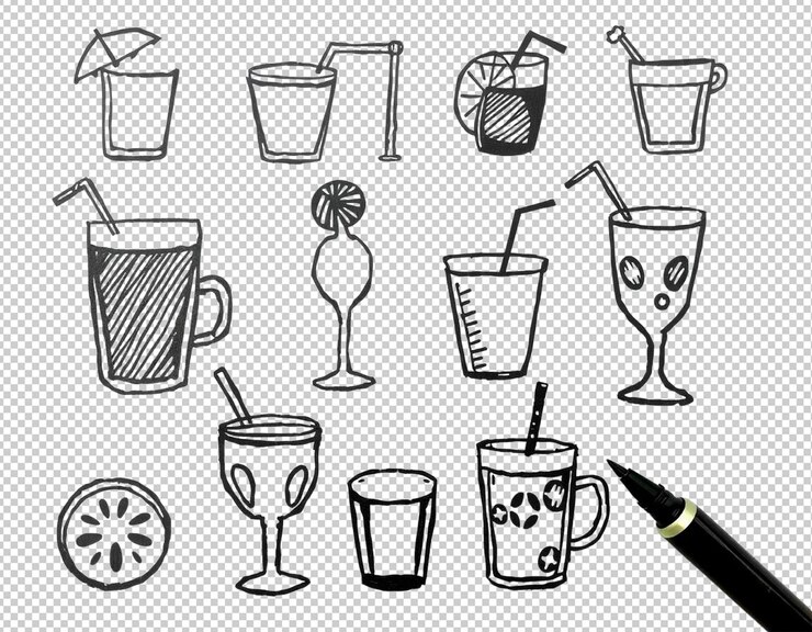PSD un dessin de boissons et un crayon avec un crayon dedans