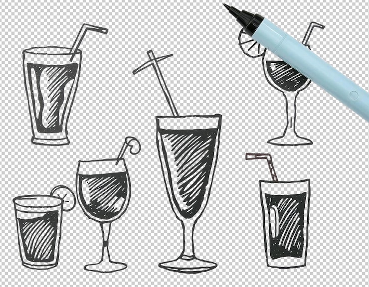 PSD un dessin de boissons avec un crayon et un crayon