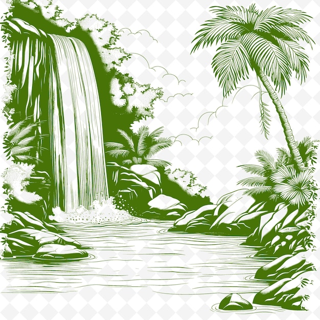 PSD un dessin d'une cascade et de palmiers avec une cascade en arrière-plan