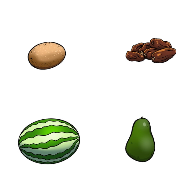 PSD dessin de collection de fruits d'avocat et de dattes de kiwi pastèque