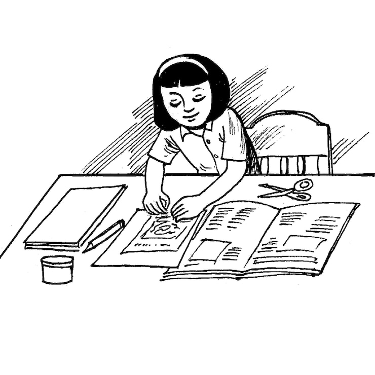 PSD un dessin d'une femme lisant un livre avec un livre sur le dessus