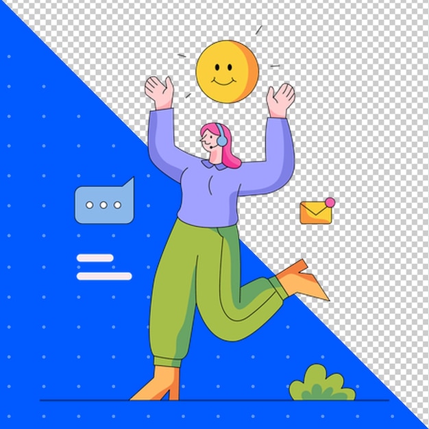 un dessin d'une femme avec un visage souriant jaune et un face souriante jaune