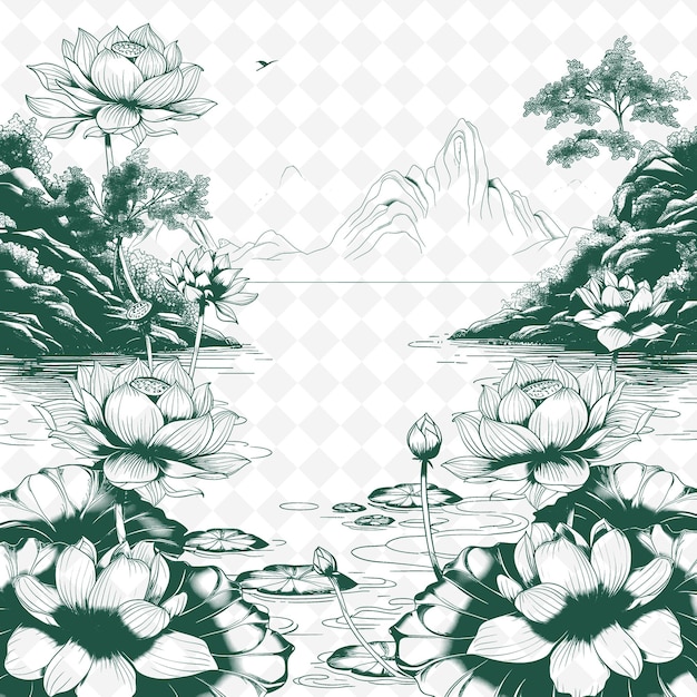 Un Dessin De Fleurs Et D'arbres Avec Un Lac En Arrière-plan