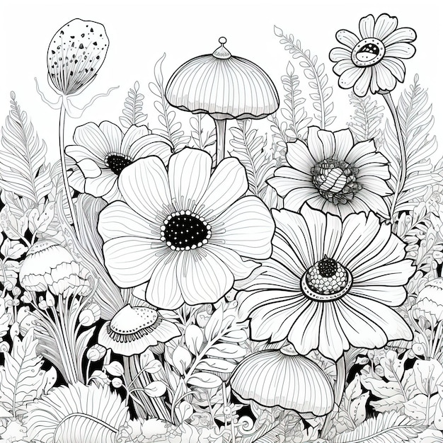 Un Dessin De Fleurs Et De Plantes Avec Un Champignon.