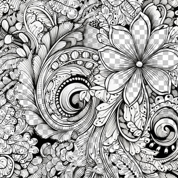 un dessin floral noir et blanc avec une fleur et une fleur
