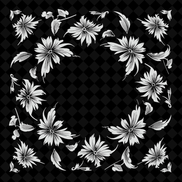 PSD un dessin floral noir et blanc avec des fleurs blanches sur un fond noir