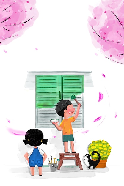 un dessin d'un garçon et d'une fille nettoyant leur maison pendant le Nouvel An lunaire