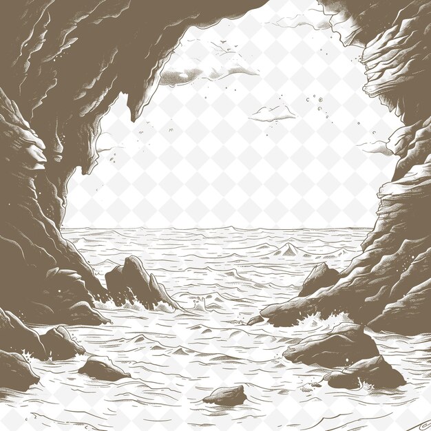 PSD un dessin d'une grotte avec un bateau dans l'eau
