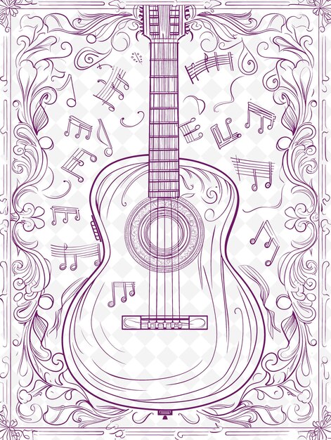 PSD un dessin d'une guitare avec des notes de musique et un fond d'un motif