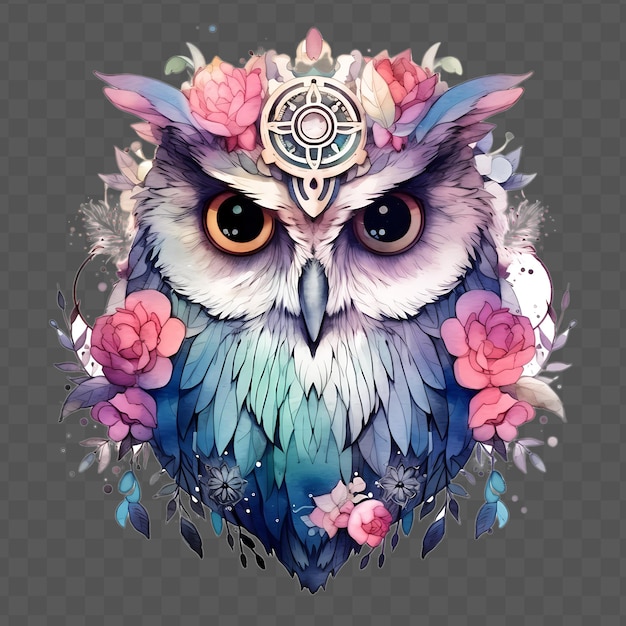 PSD un dessin d'un hibou avec des fleurs et un signe qui dit 