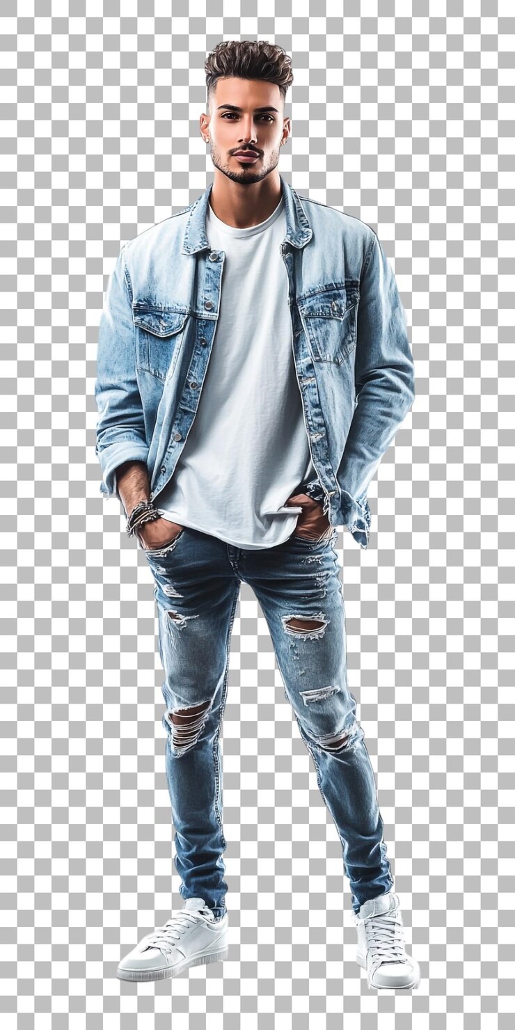 PSD un dessin d'un homme avec une veste en denim à gauche