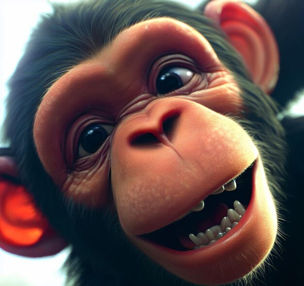 PSD dessin hyperealiste chimpanzé singe souriant dents de rire drôle isolé fond transparent