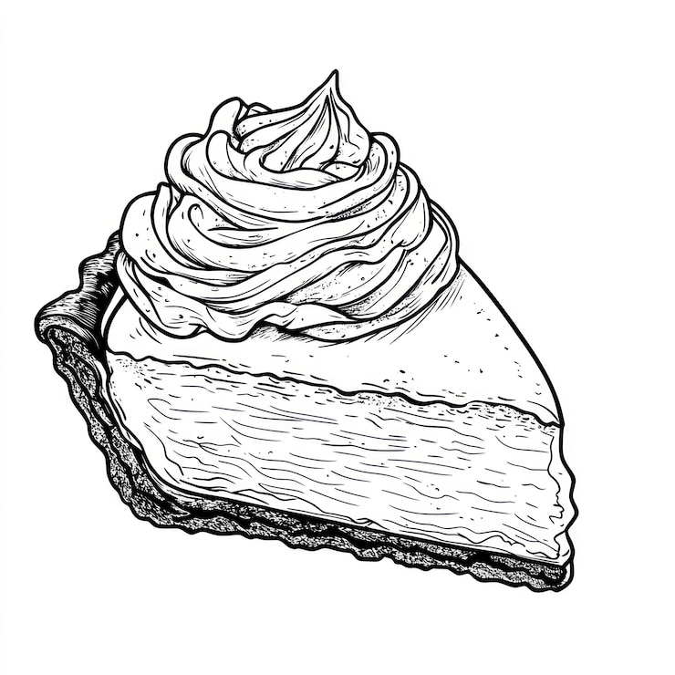 PSD dessin en ligne d'une tranche de tarte avec de la crème fouettée