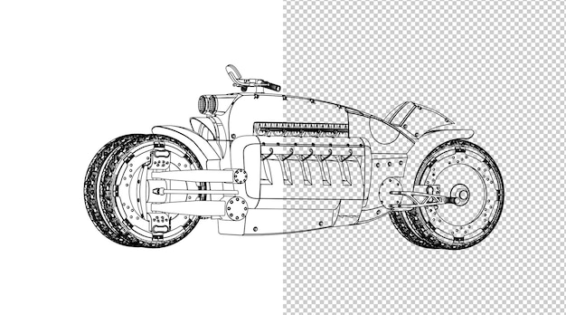 PSD dessin à la main du moteur et croquis en noir et blanc.