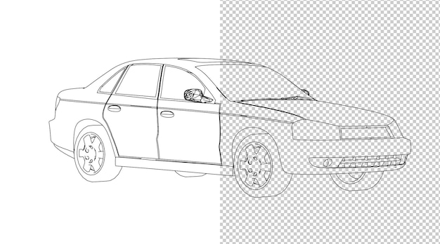 PSD dessin à la main de voiture et croquis en noir et blanc.