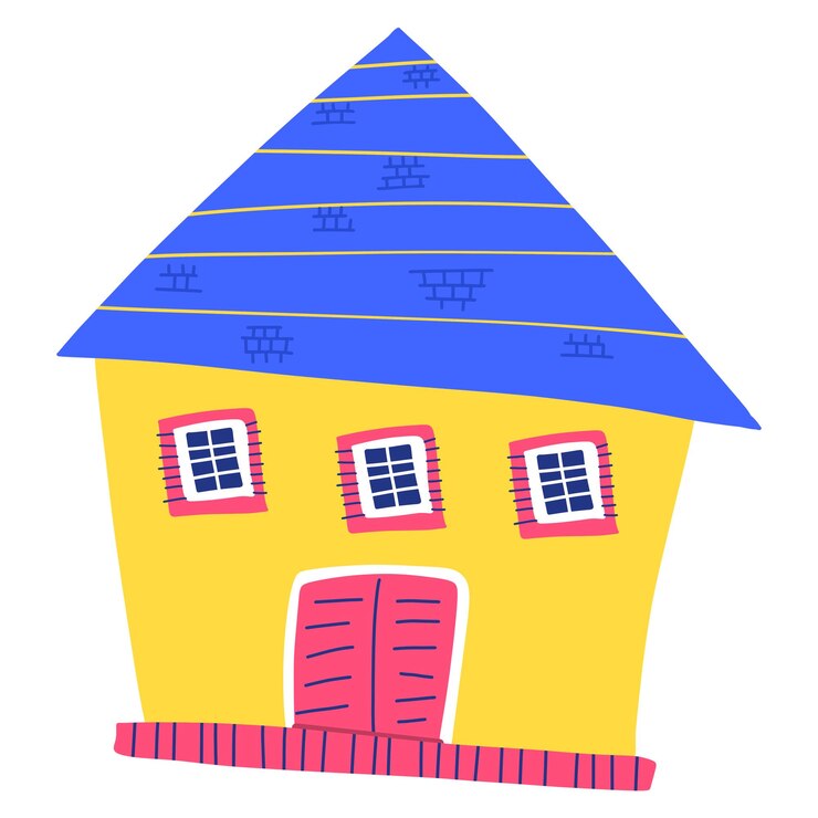 PSD un dessin d'une maison jaune avec un toit bleu et un toit bleue