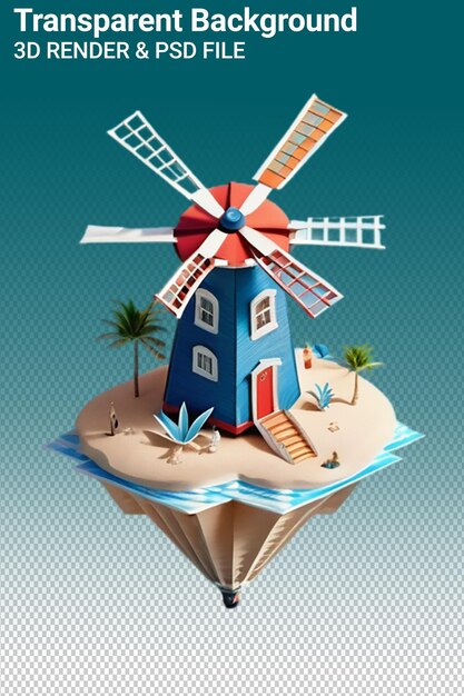 PSD un dessin d'une maison sur une plage avec des palmiers et une plage en arrière-plan
