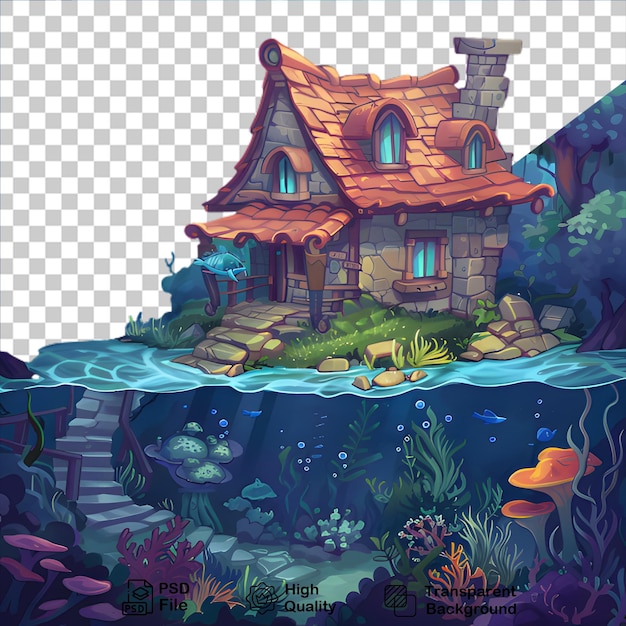 PSD un dessin d'une maison avec un poisson nageant dans l'eau