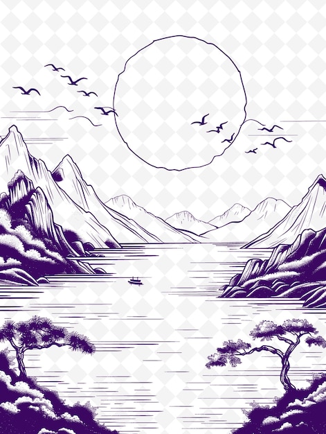 PSD un dessin d'une montagne avec des oiseaux qui volent au-dessus