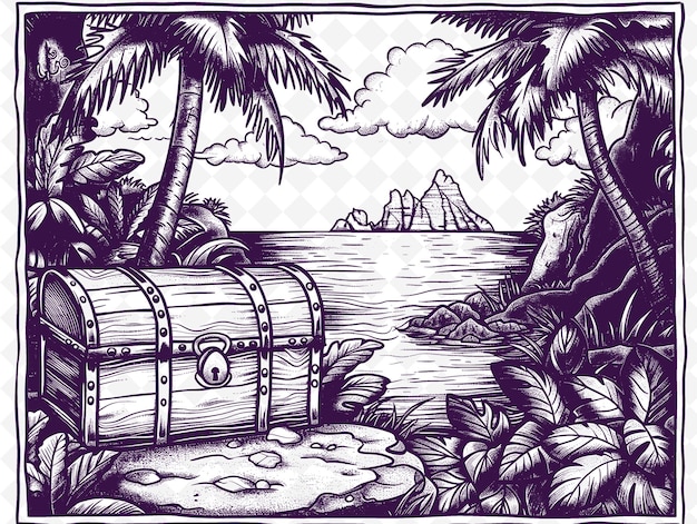 PSD un dessin en noir et blanc d'un bateau avec des palmiers et un palmier