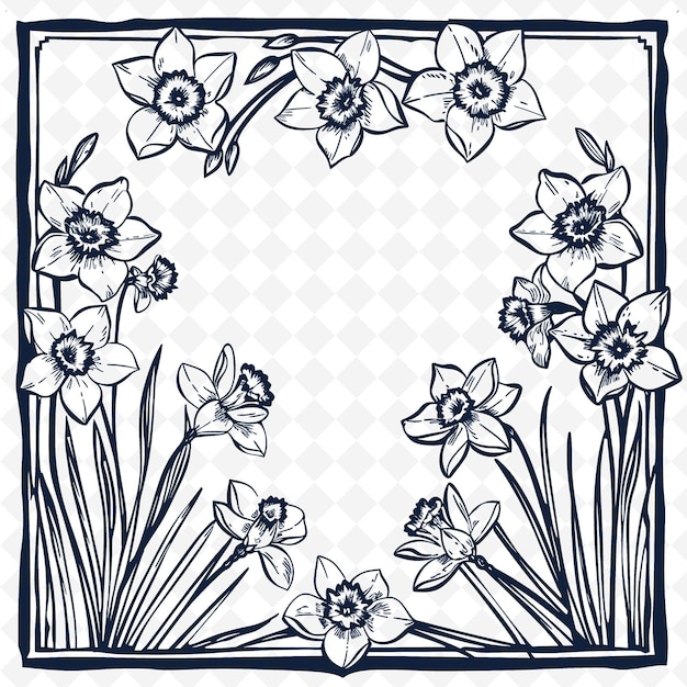 PSD un dessin en noir et blanc de fleurs avec un cadre qui dit printemps