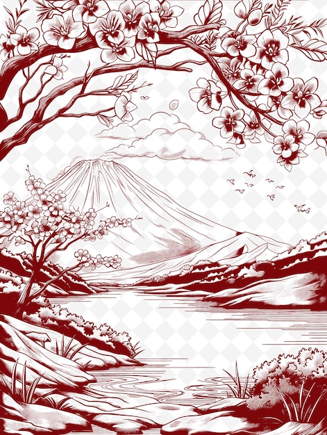 PSD un dessin en noir et blanc d'une montagne avec des fleurs et des arbres