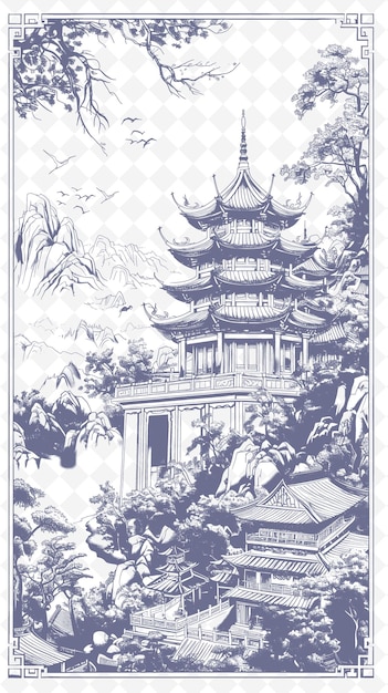 PSD un dessin en noir et blanc d'une pagode dans un jardin