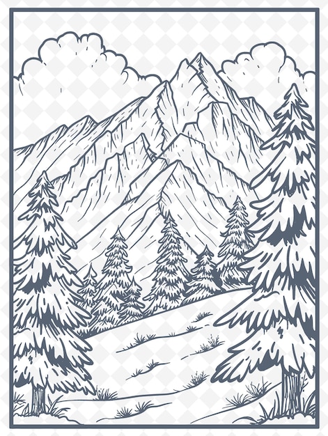 PSD un dessin en noir et blanc d'un paysage de montagne avec des arbres et de la neige