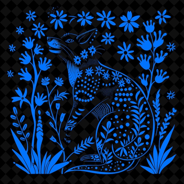 PSD un dessin en noir et blanc d'un renard avec des fleurs et un oiseau dessus