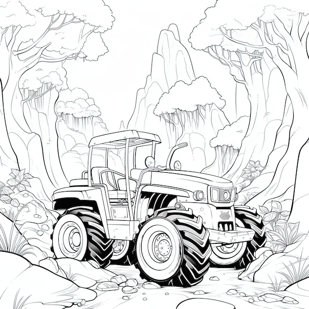 Un dessin en noir et blanc d’un tracteur avec des arbres en arrière-plan.