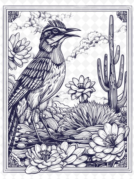 PSD un dessin d'un oiseau avec des fleurs et une image d'un oiseau