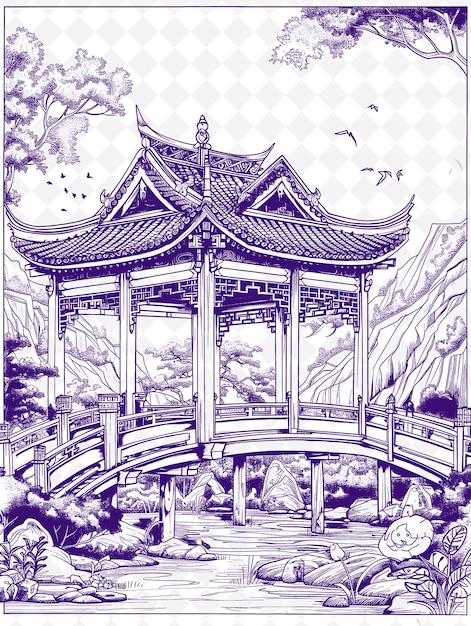 PSD un dessin d'une pagode avec un oiseau volant dans le ciel