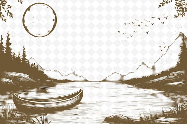 PSD un dessin d'un paysage avec des oiseaux volant au-dessus d'une rivière et des montagnes en arrière-plan