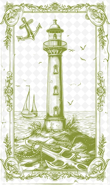 PSD un dessin d'un phare avec un bateau en arrière-plan