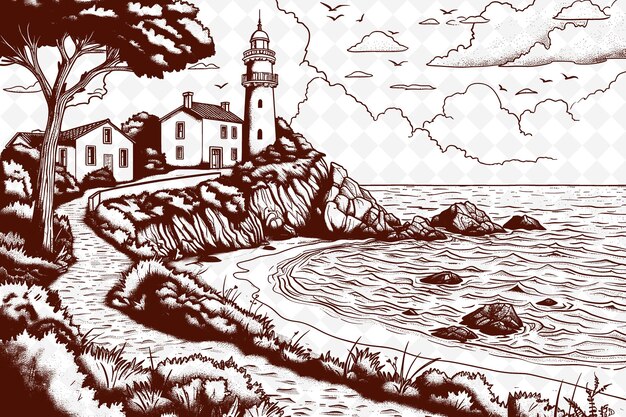 PSD un dessin d'un phare sur une plage avec un dessin de un phare sur la plage