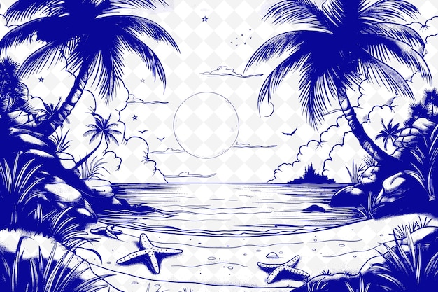 PSD un dessin d'une plage avec des palmiers et un soleil en arrière-plan
