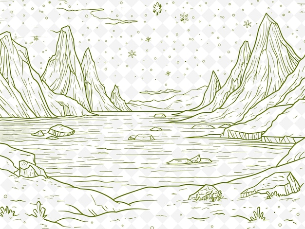 PSD un dessin d'une rivière avec des montagnes et des étoiles