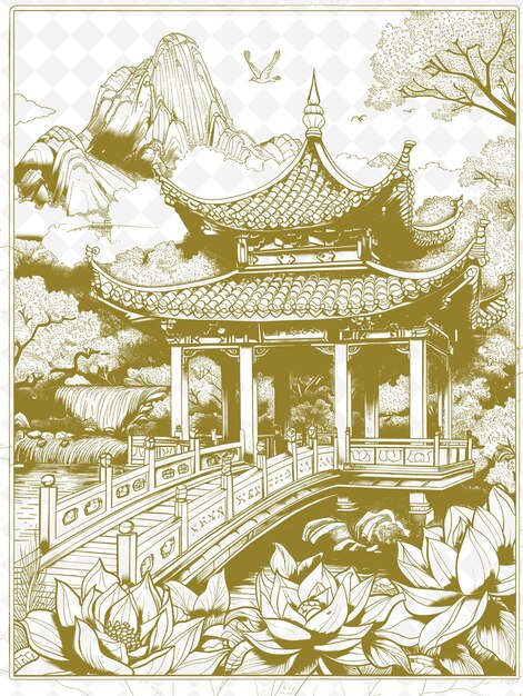 PSD un dessin de style chinois d'une pagode dans un ciel nuageux