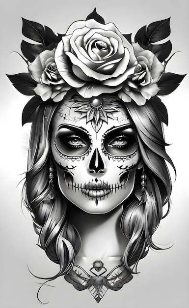 PSD dessin de tatouage catrina avec une rose dans un style réaliste