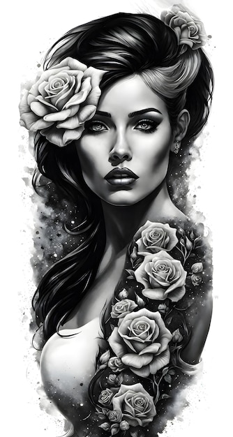 PSD dessin de tatouage de femme sexy avec des roses dans un style réaliste