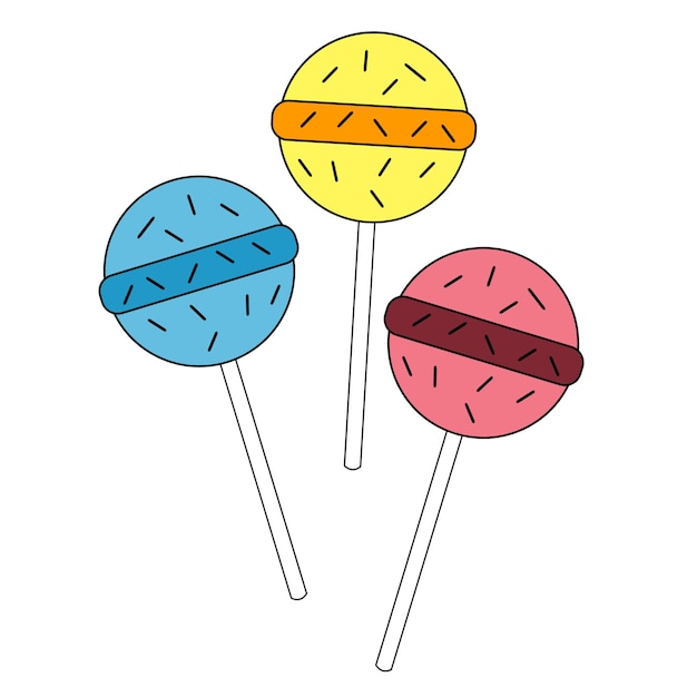 un dessin de trois sucettes avec une qui a une jaune et une rouge